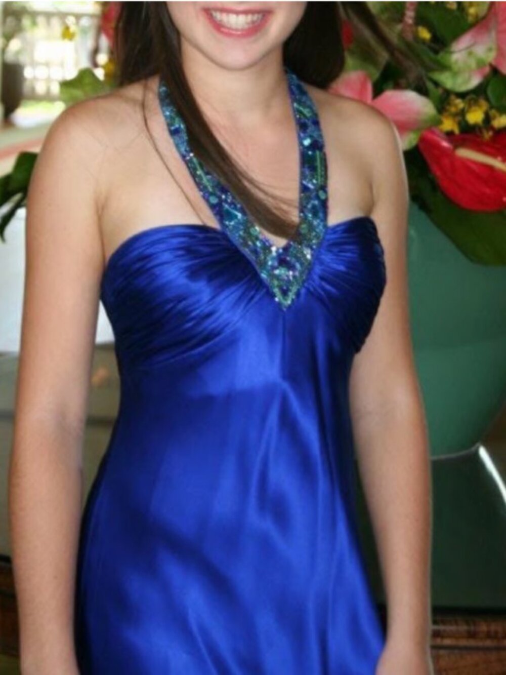Bright Blue Halter Beaded Formal Dress